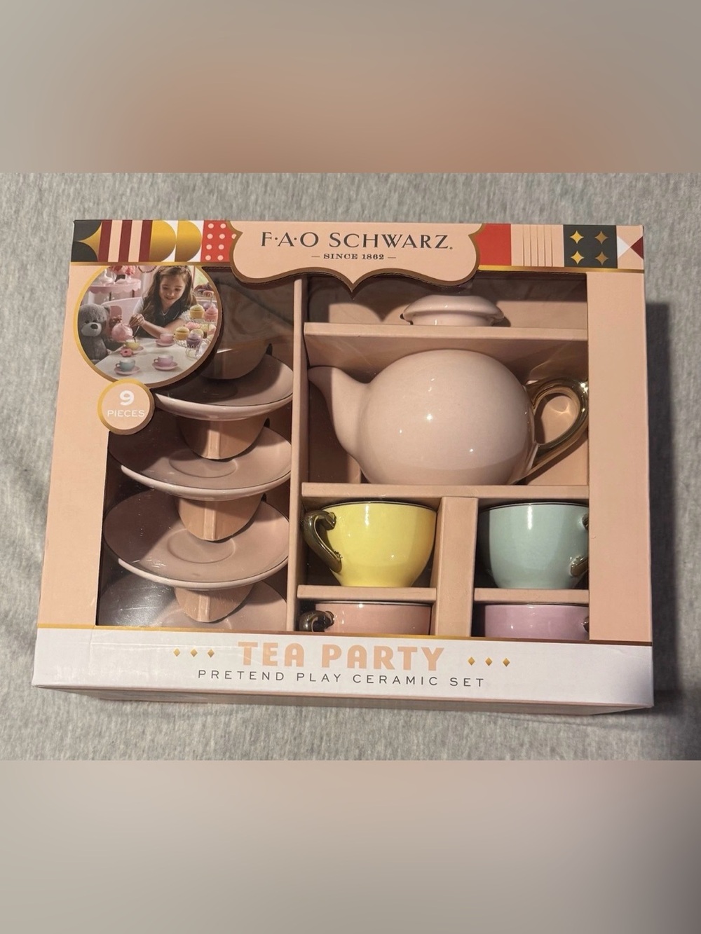 FAO Schwarz Pastel Ceramic Tea Party Set - Pink, Yellow, Green, Lilac